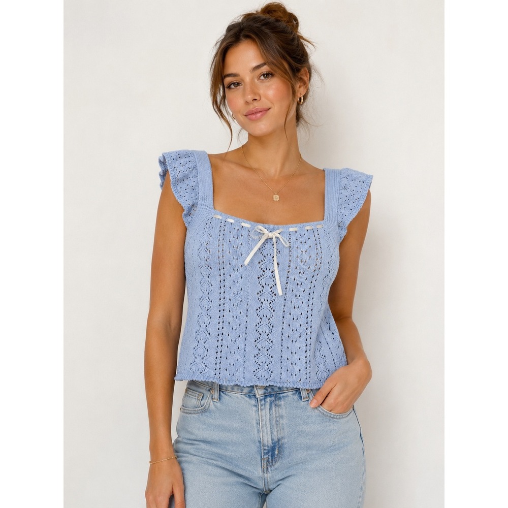 Haute Hippie Style Light Blue Cotton Pointelle Knit Flutter Sleeve Top Large
